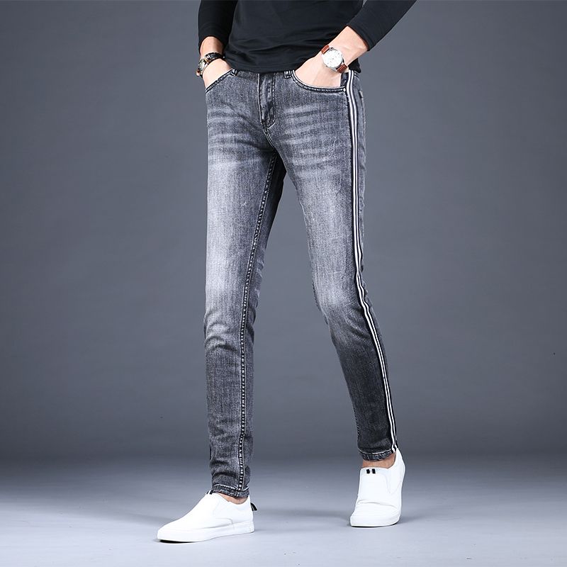 Interconnect Eradicate Brotherhood Men's Jeans Side Stripe Men 2021 Summer Fashion Stretch Denim Slim Fit  Pencil Pants Korean Style Gray Black Jean Trousers