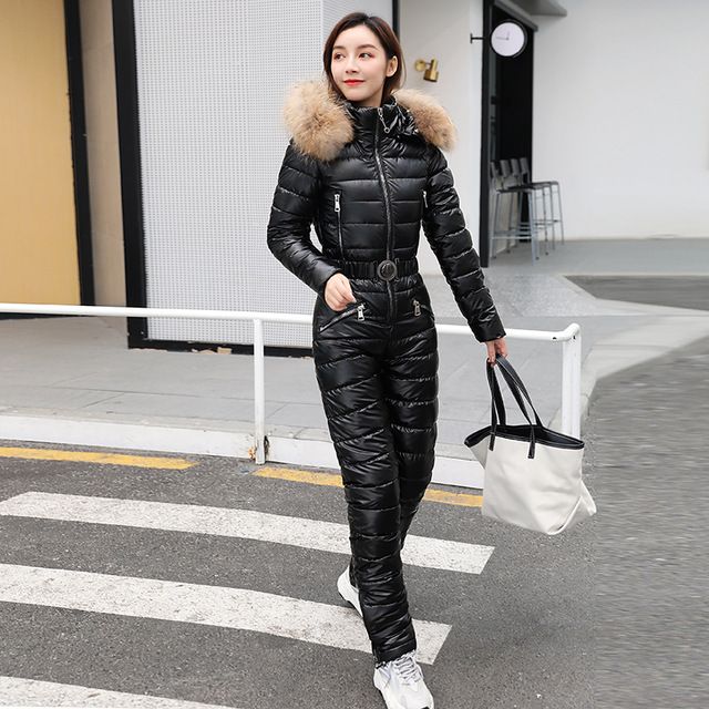 2021 One Piece Ski Suit Women Winter Fur Hooded Jumpsuit Cotton Padded Parka Jumpsuits Zipper Overalls Tracksuits Jacket Pants From Cumax 85 46 Dhgate Com