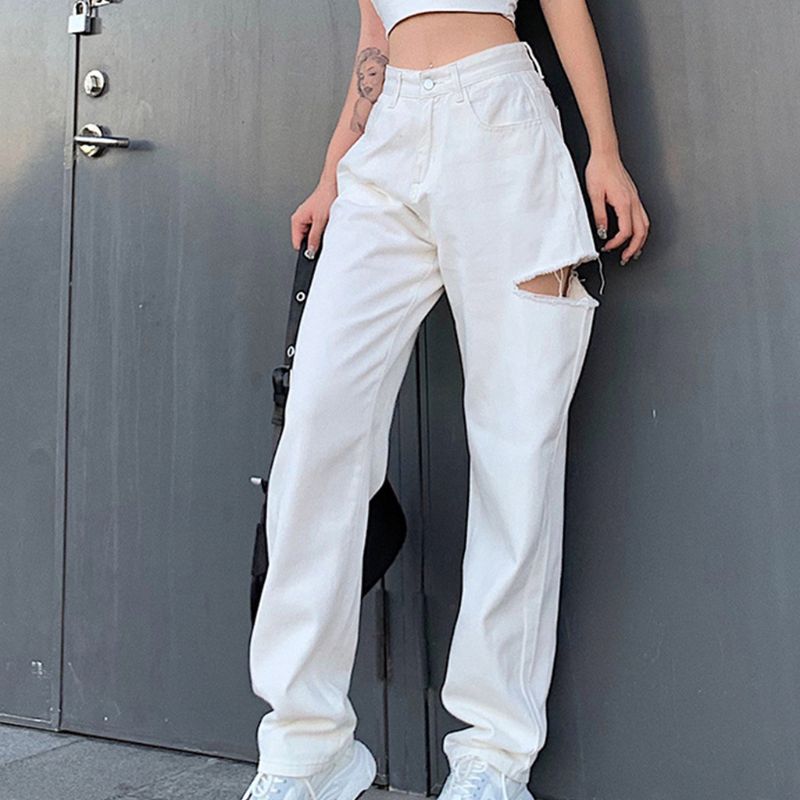 Compra Pantalones Vaqueros Para Hombres Mujeres Alta Cintura Blanca Maxi  Baggy Side Hole Denim Pantalones Rectos Harajuku Hip Hop Pantalones Sueltos  Ocasionales Barato | Entrega Rápida Y Calidad | Es.Dhgate