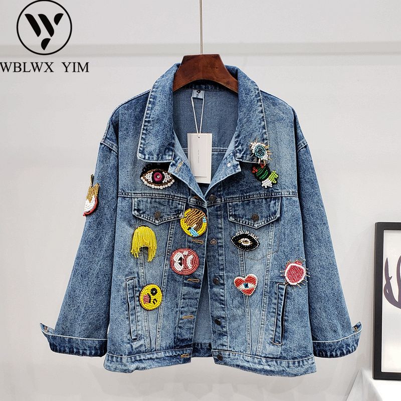 Women's Jackets Jeans Jacket Women Beaded Patch Cartoon Denim Loose Plus  Size Fashion Vintage Coat Female Streetwear