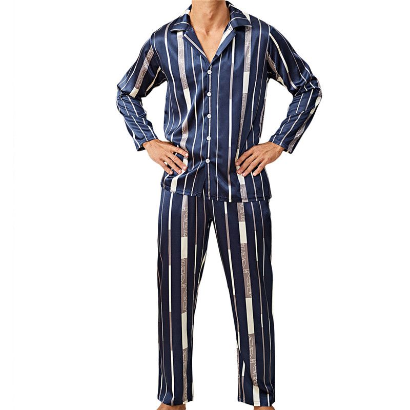 2020 Men Pajama Sets Fashion Striped Panelled Pajama Sets Casual Long ...