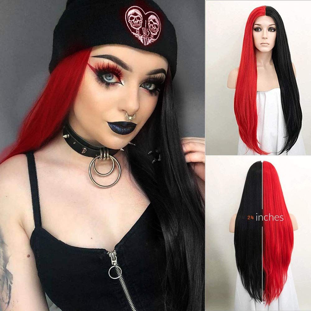Long Straight Half Black Red Synthetic Lace Front Halloween Wig Fashion Wigs For Women Girls Glueless Heat Resistant Fiber Hair From Momo08 31 7 Dhgate Com