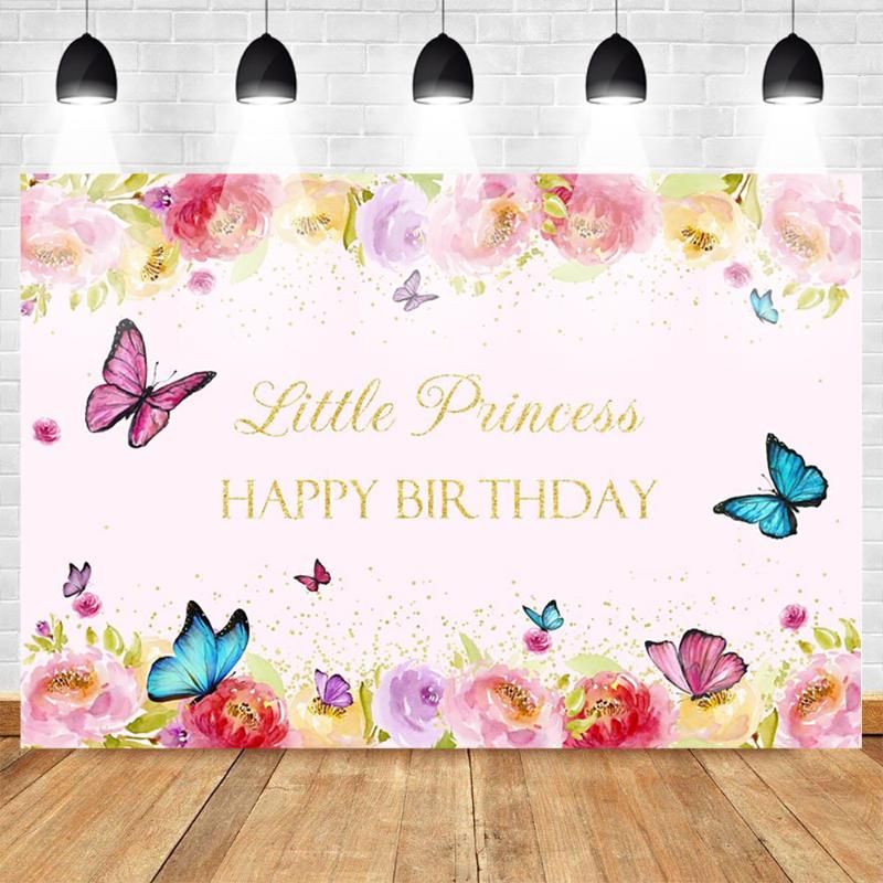 Background Material Happy Birthday Po For Little Princess Flower Backdrop  Butterfly Baby Party Banner Backgrounds Gold Sequins Spring