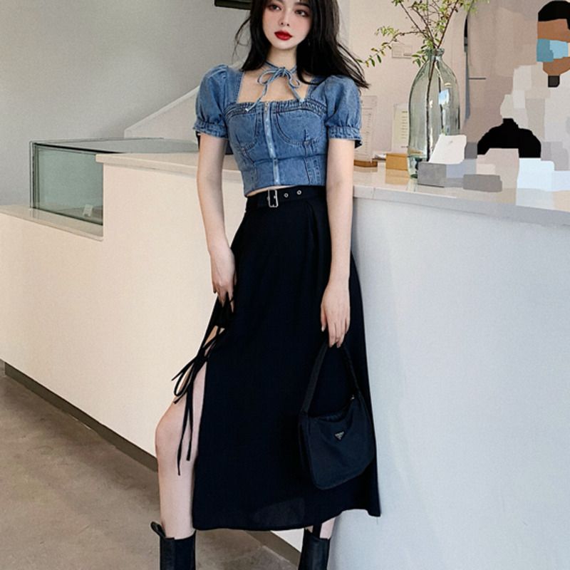 korean crop top and jeans