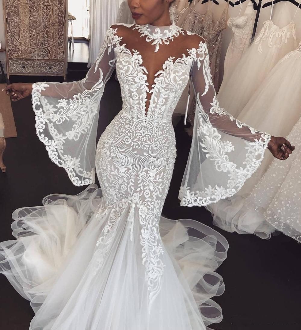 De cuello alto, vestido de corte sirena magnífica de boda blanco de manga larga de encaje De cuello alto, vestido de corte sirena magnífica de boda blanco de manga larga de encaje