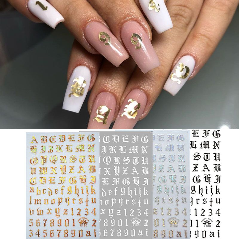 2pcs Letter Nail Stickers, Gold Silver 3D Numbers English Alphabet