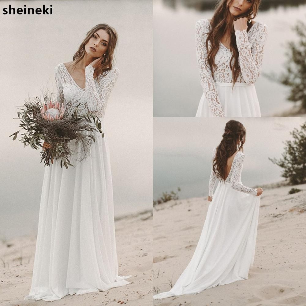 2019 vestido de novia de vendimia línea de playa de Boho de manga larga