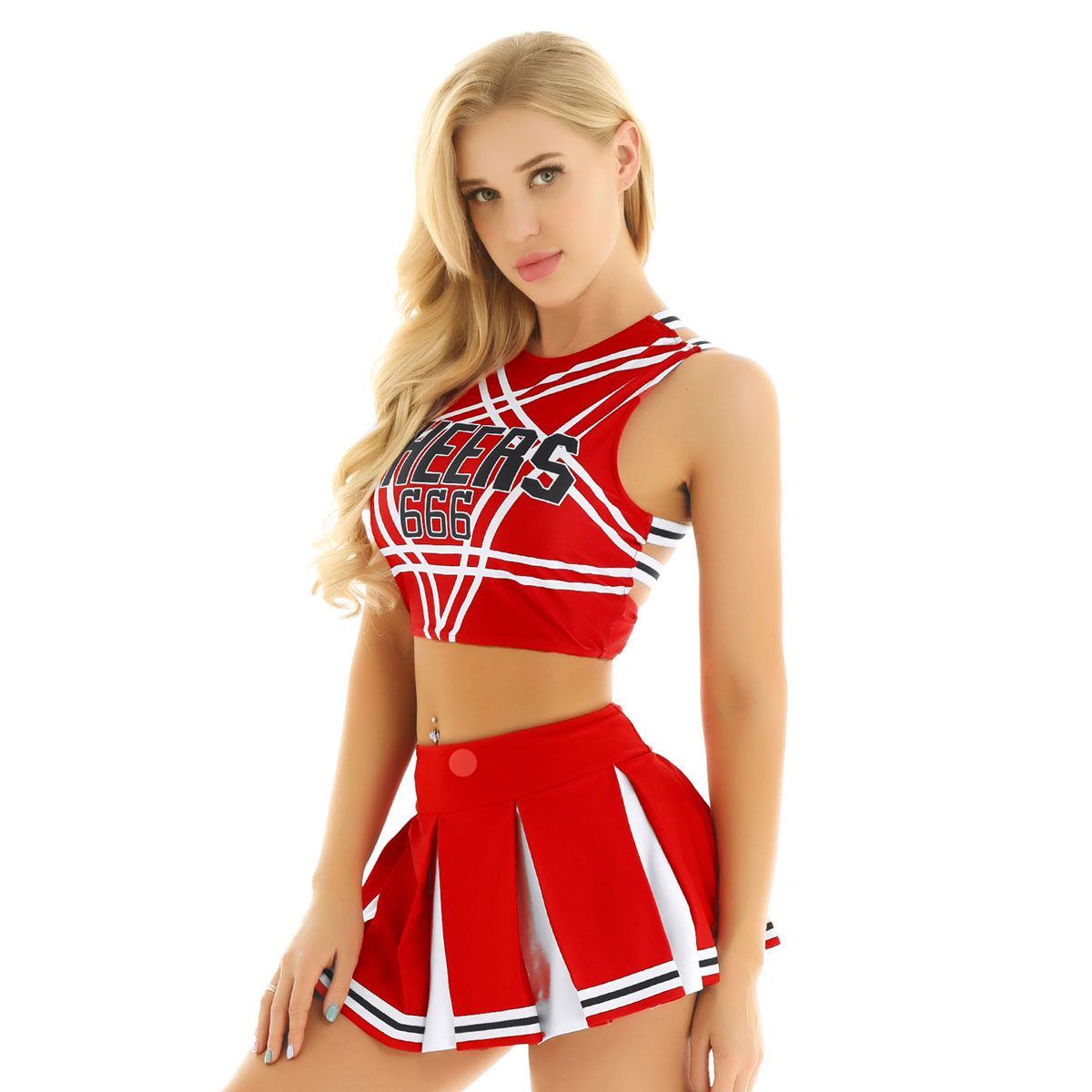 Womens Cheerleading Cosplay Costume Set Pentagram Back Crop Top with Skirt 
