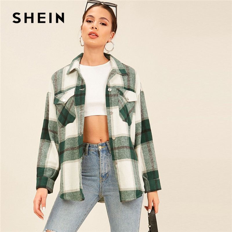 Wholesale shein autumn tops for women plain t shirt women waffle knit SHEIN Multicolor Collared Drop Shoulder Flap Pocket Front Plaid Coat