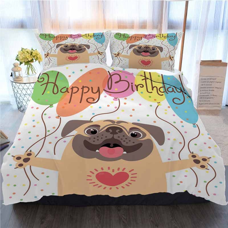 Acheter Anniversaire Literie 3 Ensemble Housse De Couette Mignon Joyeux Anniversaire Carte Avec Drole Chiot Carlin Aimant Maison De Luxe Douce Couette Couette Couverture De 1 21 Du Highqualit08 Fr Dhgate Com