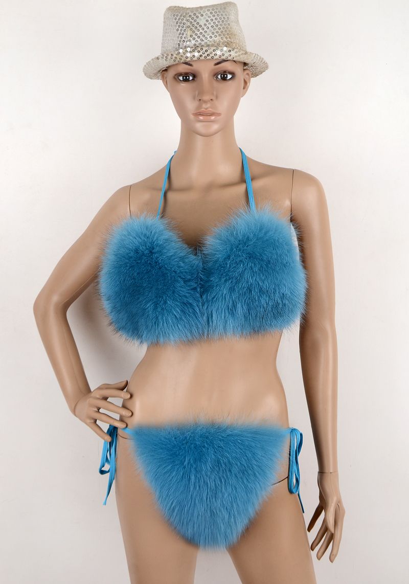 Fox Fur Bra Lingerie Set With Slippers 