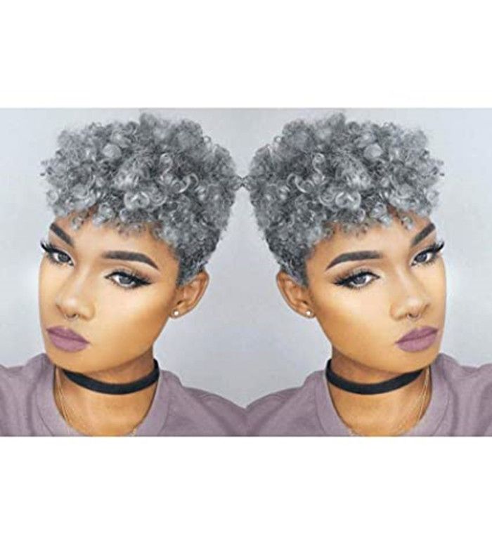 Women grey hair ponytail extension silver gray afro curly updo puff kinky  curly drawstring human hair ponytails clip in real hair 120g