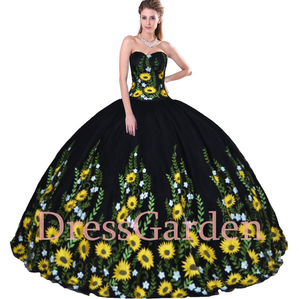 Cautivando el bordado floral mexicano de girasol quinceañera vestido negro y amarillo satén bóveda falda miliatría bola vestido xv Cautivando el bordado floral mexicano de girasol quinceañera vestido negro y amarillo satén bóveda falda miliatría bola vestido xv