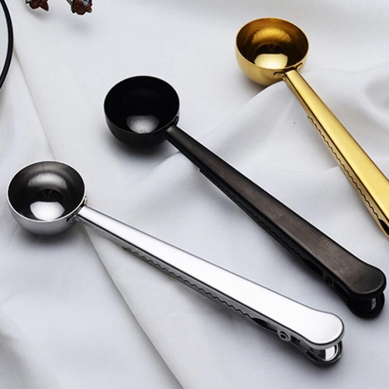 Stainless Steel Ground Coffee Measuring Scoop Spoon With Bag Seal Clip