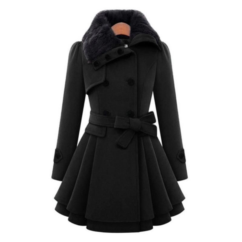BLady Womens Layered Double Breasted Belted Furry Turndown Collar Woolen Coat BLady Womens Layered Double Breasted Belted Furry Turndown Collar Woolen Coat