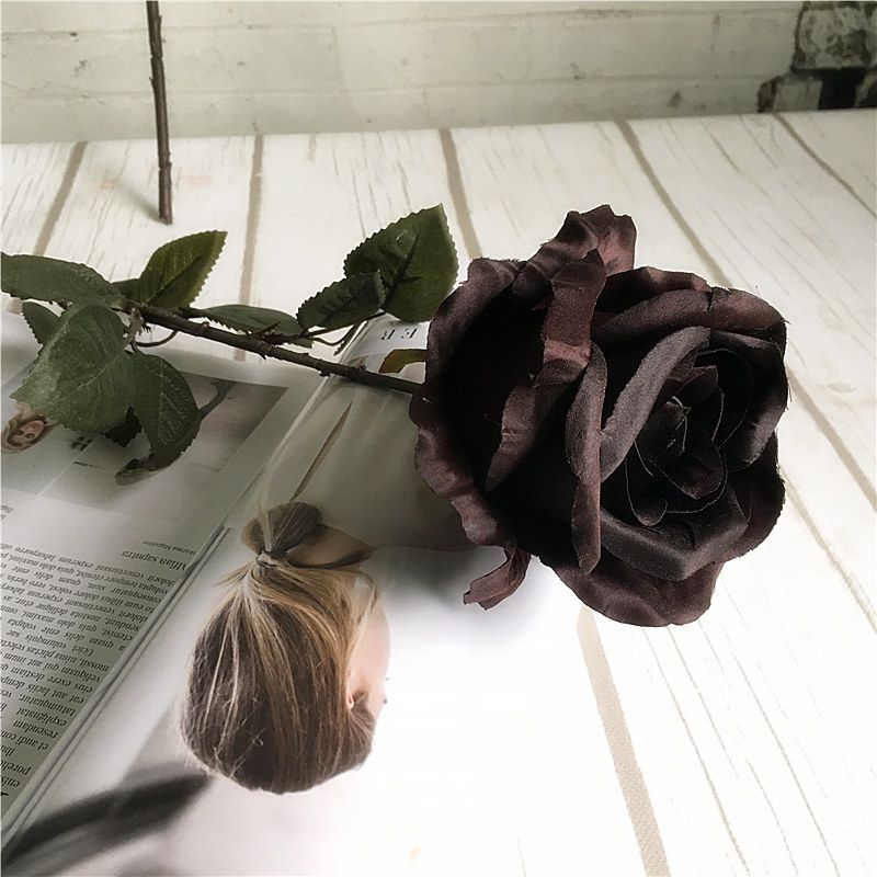 Large Black Rose Single Branch Silk Artificial Flowers Long Stem Australia Roses Fake Flower For