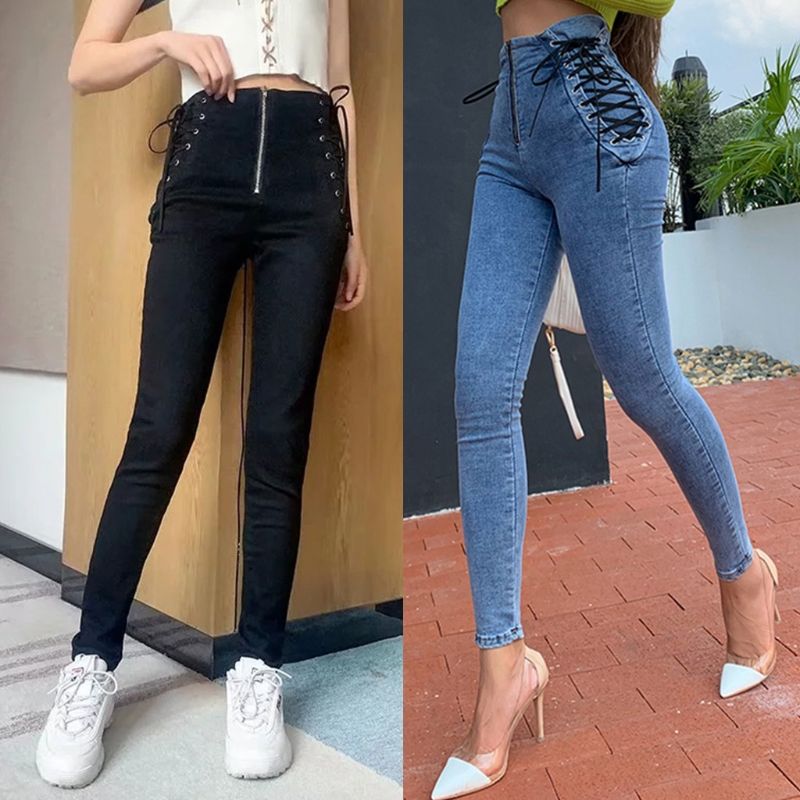 Mujeres sexy alta cremallera jeans trasero lace-up vendaje largo denim lápiz pantalones
