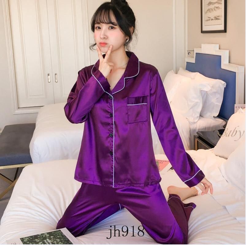  LJMXG Pajamas Women's Silk Long-Sleeved Pajamas Pajamas Suit  Jacquard Plaid High-Grade Ice Silk Can Be Worn Outside (Color : D, Size :  Large) : Clothing, Shoes & Jewelry
