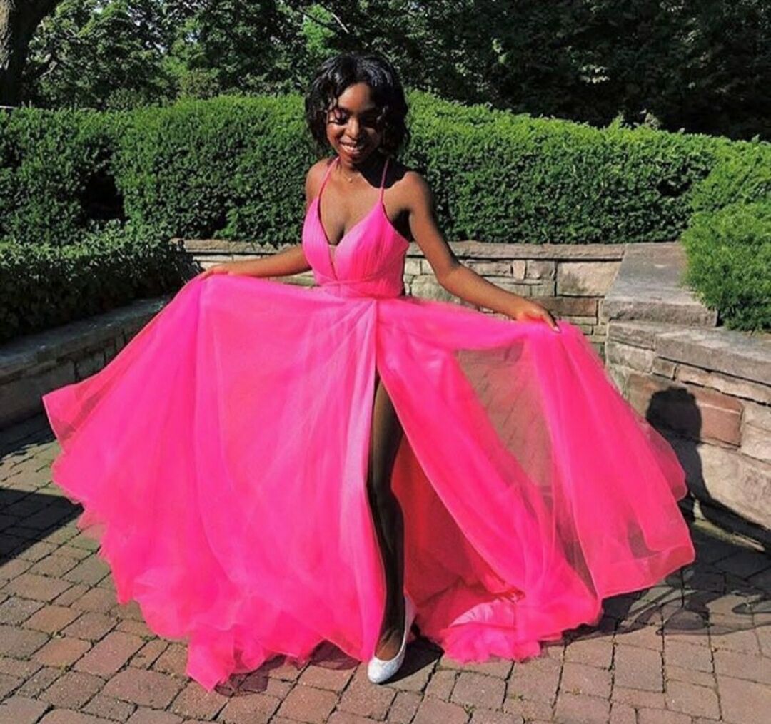 Long Hot Pink V Neck Tulle Prom Dresses ...