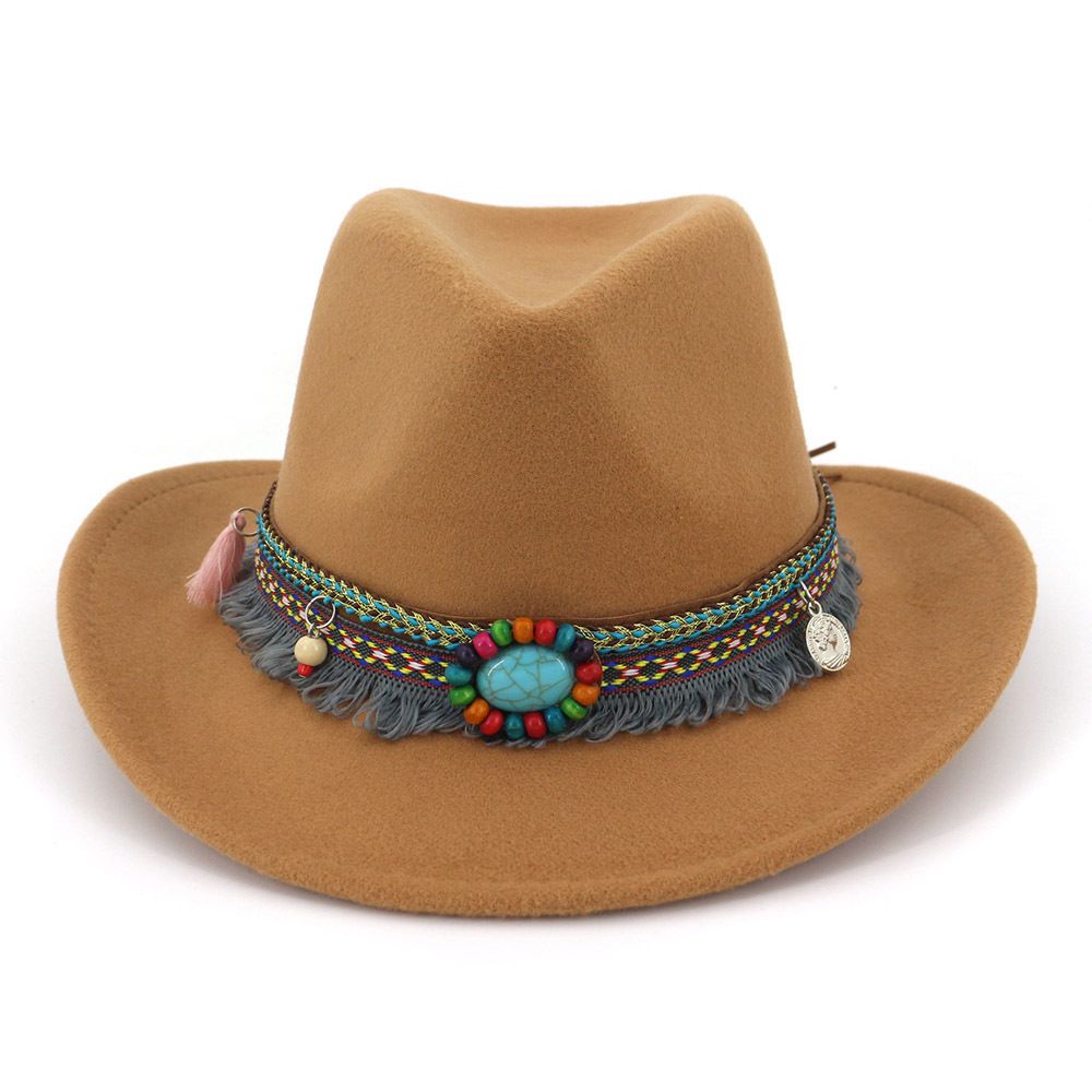 New Handmade Wool Felt Cowboy Fedora Hats With Ethnic Band Roll Brim ...