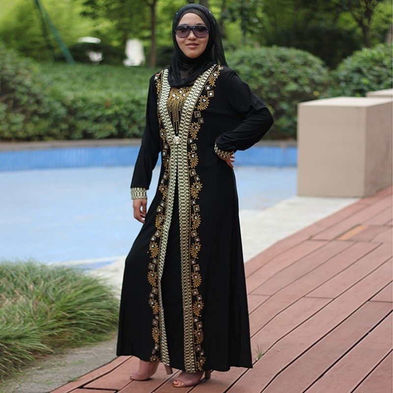 Qduoduo Abito Lungo Arabo Abaya Golden Print Robe Girls Dubai Kaftan Abito Donna Manica Lunga Mmusulmano M-XXL 