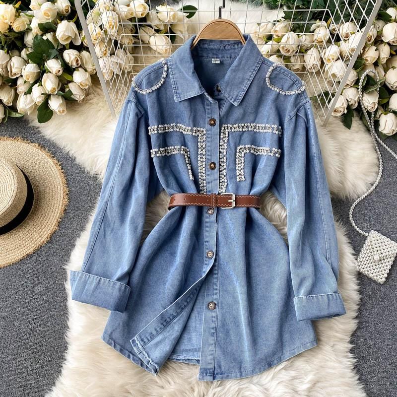 Compra Blusas Para Mujer Camisas Retro Mujeres Con Cuentas Blusa Denim  Blusa Casual Perlas Beading Chic Cinturón Cinturón Cintura Jeans Camisa Top  TN1743 Barato | Entrega Rápida Y Calidad | Es.Dhgate