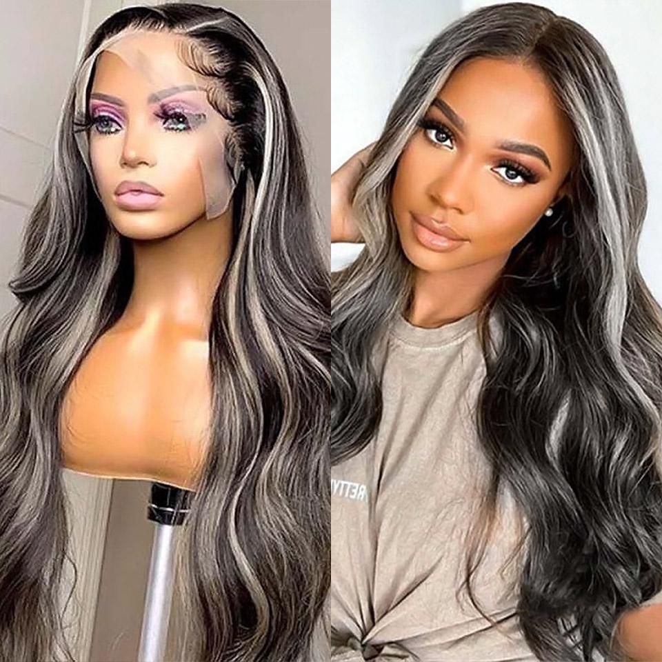24/32 Inch Grey Long Highlight Human Hair Wig Ombre Transparent HD Lace Front Wig 13x4 Curly Hair Women's Natural Hairline Fake Precut 24/32 Inch Grey Long Highlight Human Hair Wig Ombre Transparent HD Lace Front Wig 13x4 Curly Hair Women's Natural Hairline Fake Precut