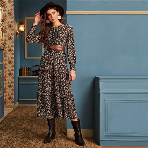 Kerel Zes Weiland Shein Ditsy Floral Print Frill Trim Flared Jurk zonder riem Dames Herfst Lange Mouwen Hoge Taille Kerel Zes Weiland Shein Ditsy Floral Print Frill Trim Flared Jurk zonder riem Dames Herfst Lange Mouwen Hoge Taille