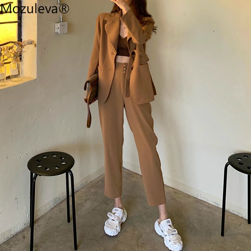 Mozuleva Fashion Khaki Women Pant Suits Casual Female Set Single