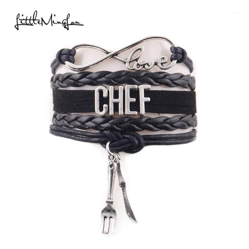 Pulseras de encanto Little Lou Infinity Love Chef Cuchillo y tenedor Brox de cuero