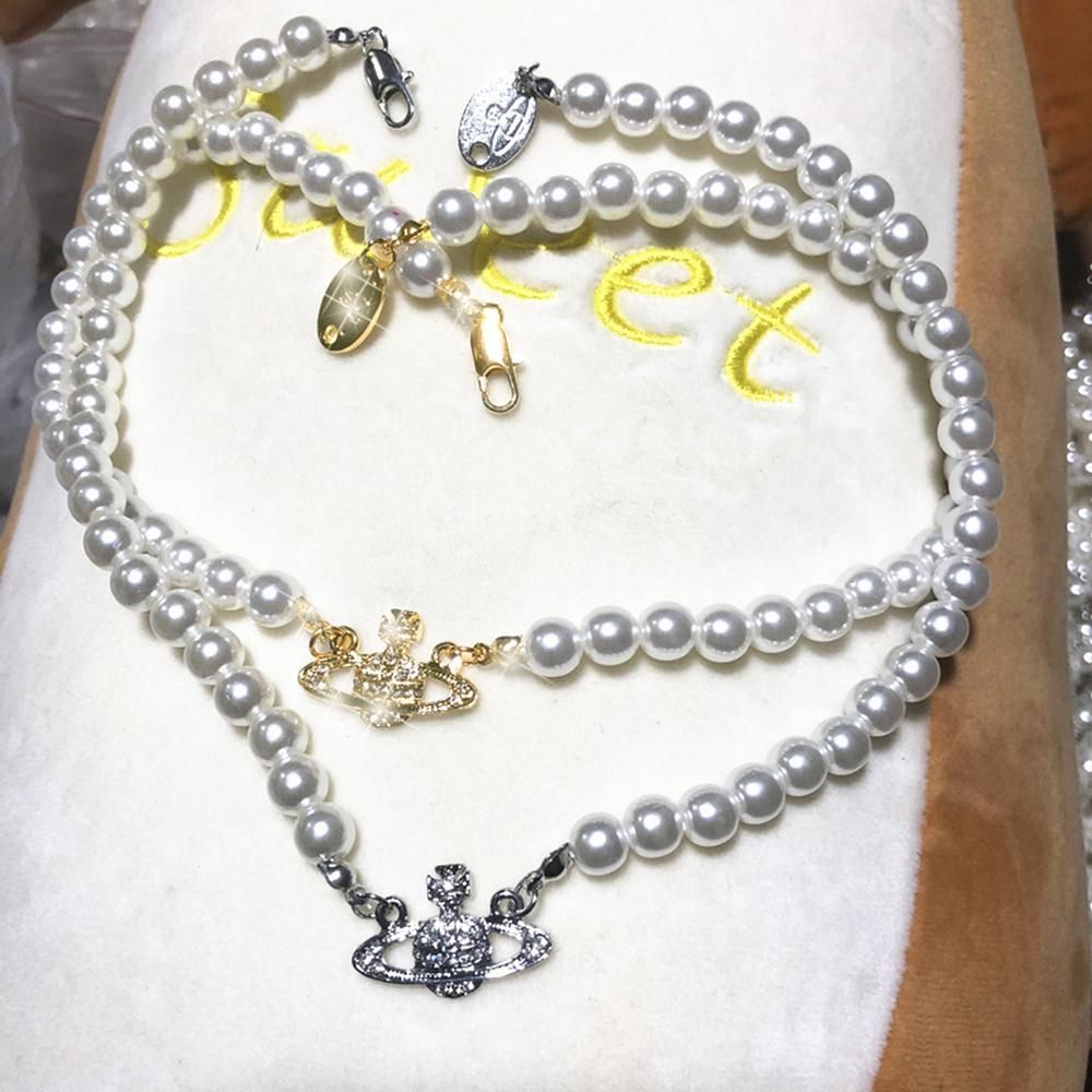 2021 Kvinnor Pearl Chain Halsband Rhinestone Orbit hänge halsband för Alla hjärtans dag Presentparty Mode Smycken Tillbehör US Stock