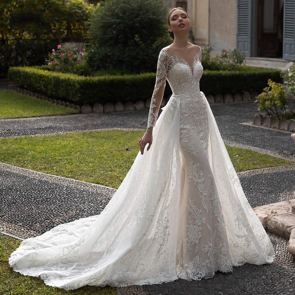 Scoop Mermaid 2 IN 1 Wedding Dresses Appliques Long Sleeves Full Lace Bride Dress Detachable Court Train Wedding Gown Plus Size