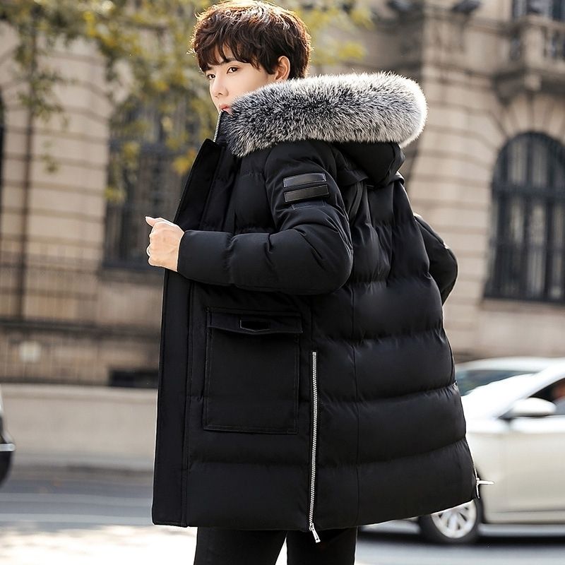 Winter Men Thick Padded Warm Down Cotton Jacket Parka Fur Collar Hooded Coat