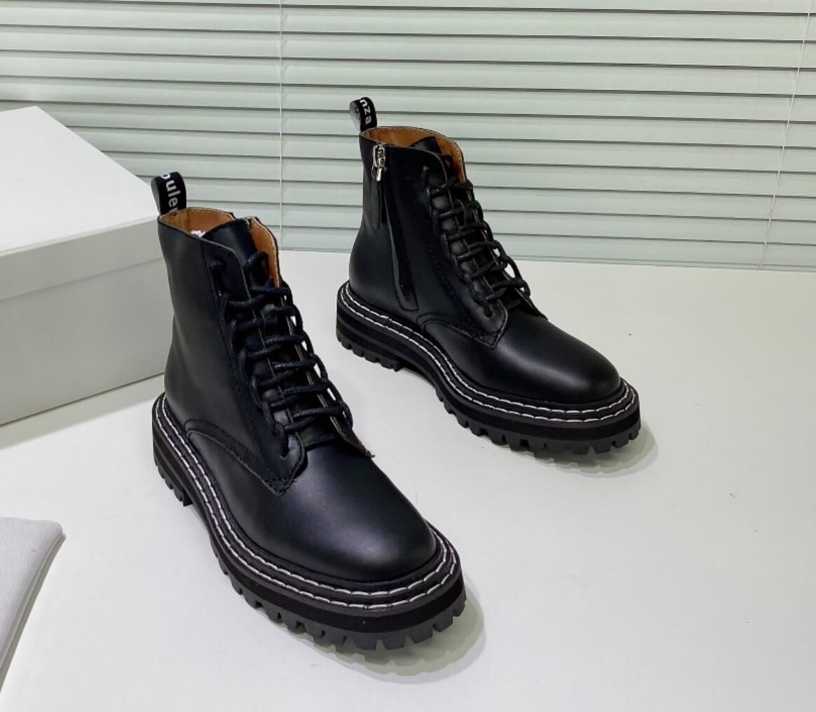 2020 primavera 2021 de alta y el otoño para mujer blanco de la crema negro de cuero real Piso Plataforma lug Sole Cintas botines botas de combate