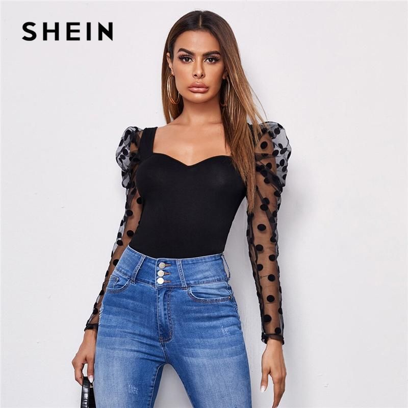 Compra Camiseta Para Mujer Shein Shein Sweetheart Cuello Polka Dot Flocked  Malla Gigot Sleeve Top Mujeres Otoño Camisetas Sólido Slim Slim Fitt T  Shirts Barato | Entrega Rápida Y Calidad | Es.Dhgate