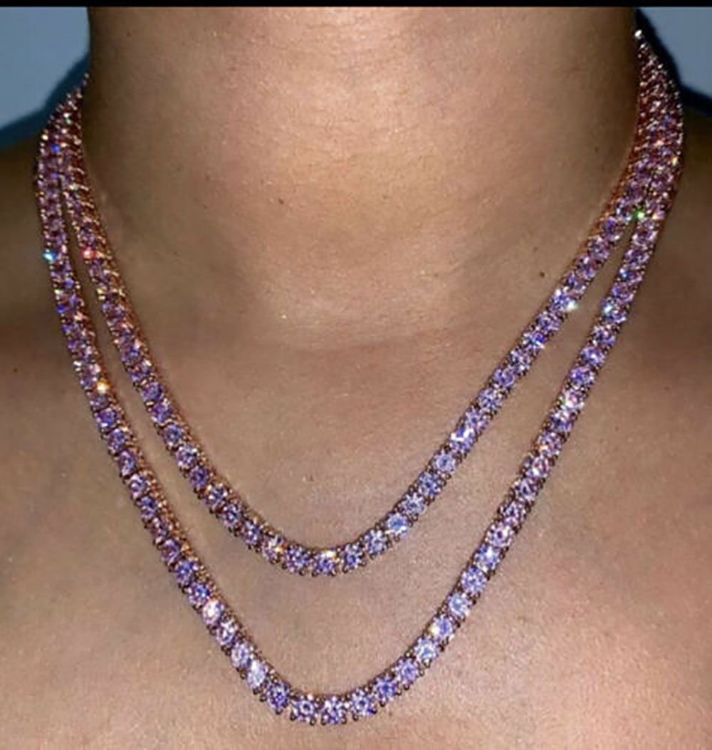 Unisex Bling 4mm 1 Row Tennis Necklace Silver Finish Red Lab Diamonds 18 inches 