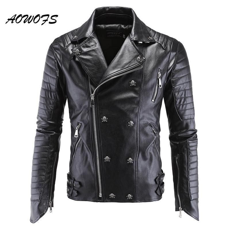 AOWOFS Mens Punk Faux Leather Jacket Coat Black Stand Collar Casual Motorcycle Biker 