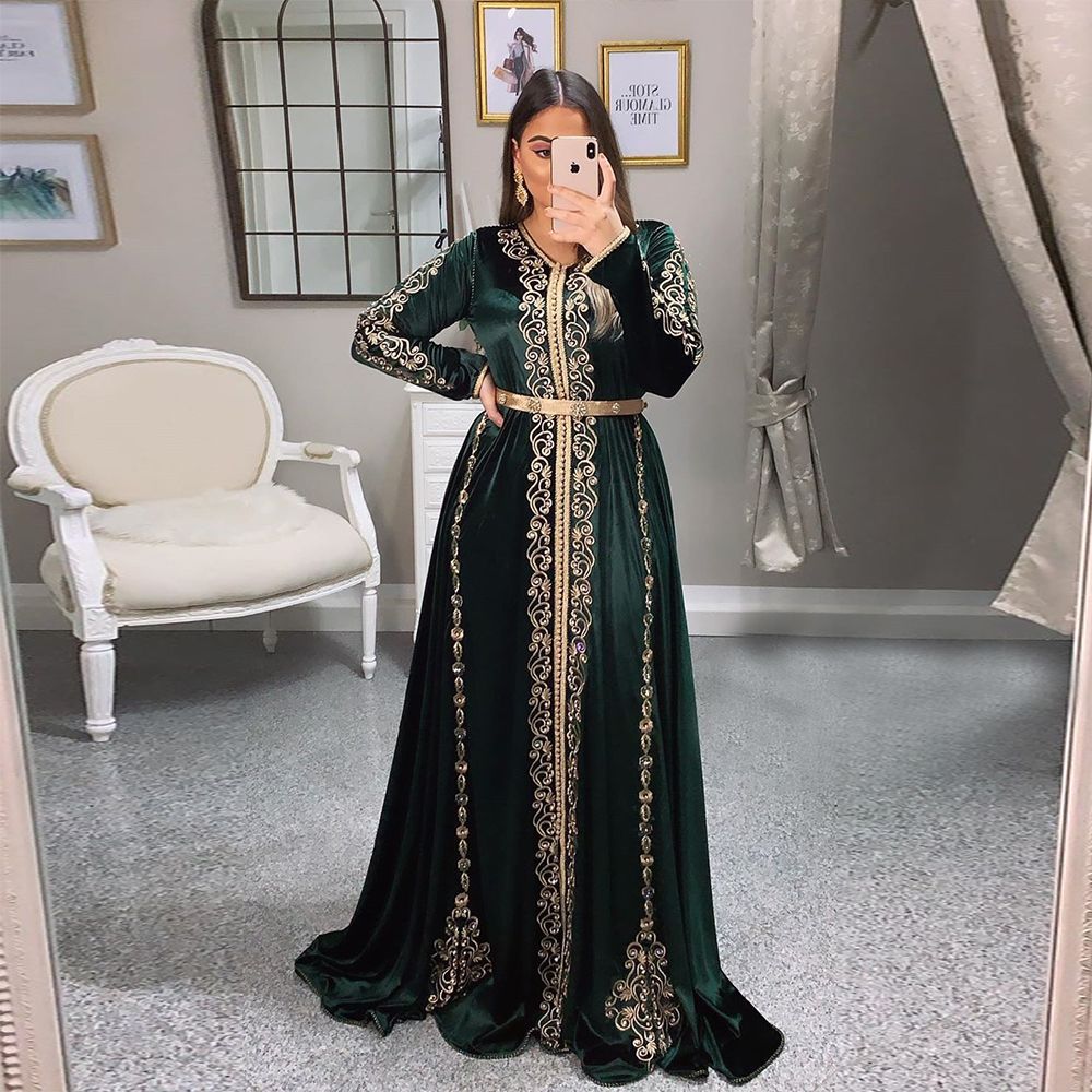 jager groene met gouden applique lange mouw Marokkaanse prom jurk 2021 gewaad de soiree feestjurken