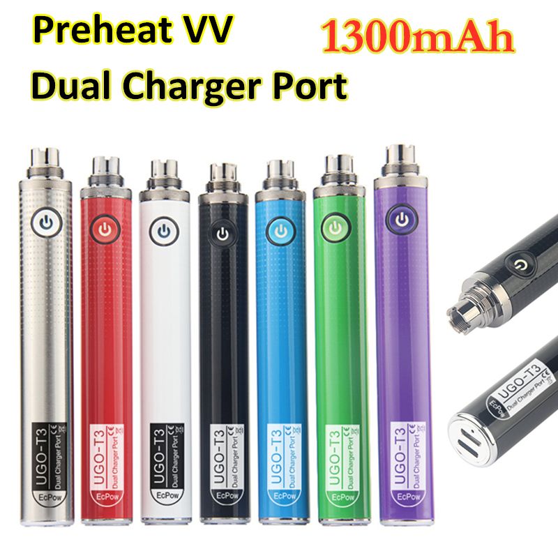 Original Preheating Dual Charger Port Battery 1300mah Pre Heat Batteries Ecigs Ugo T3 Variable