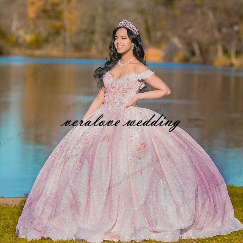 Vestidos de quinceañera rosa vestido de bola fuera del hombro 3D Flores de rosa Vestidos para Vestidos de quinceañera rosa vestido de bola fuera del hombro 3D Flores de rosa Vestidos para