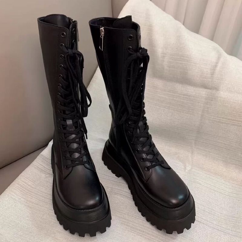 Groothandel Stijlvolle En Goedkope BRAND Chunky Platform Bont Lederen Knie  Hoge Laarzen Dames Martin Laarzen Punk Hoogte Toenemende Lange Laarzen  Vrouw Lace Up Booties Mujer |DHgate