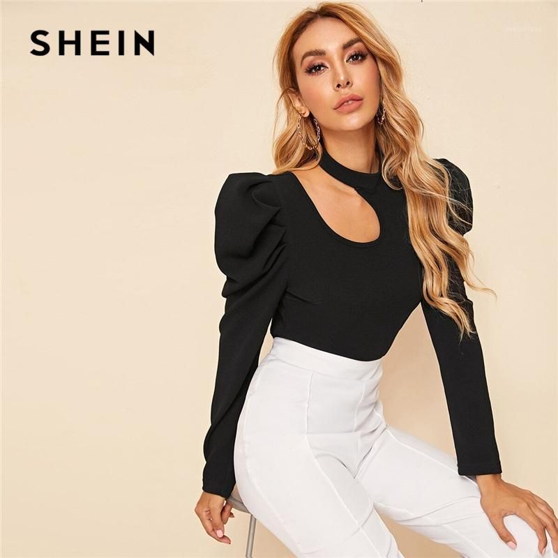 Blusas de mujer Camisetas Black Stand Soporte Cuello Cortado Blusa elegante Mujeres Top Otoño