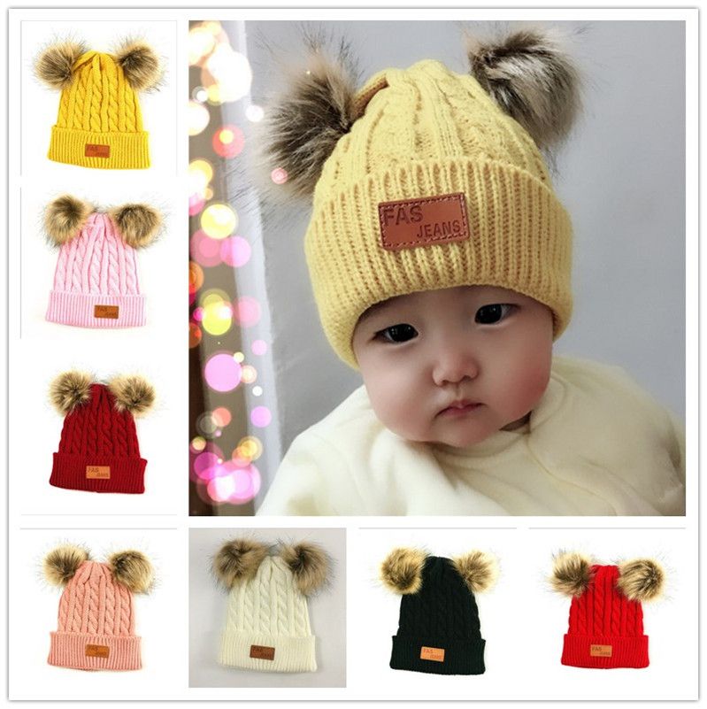 Baby Kids Winter Hat Knitted Warm Double Fur Pompom Caps Beanies Boys Girls