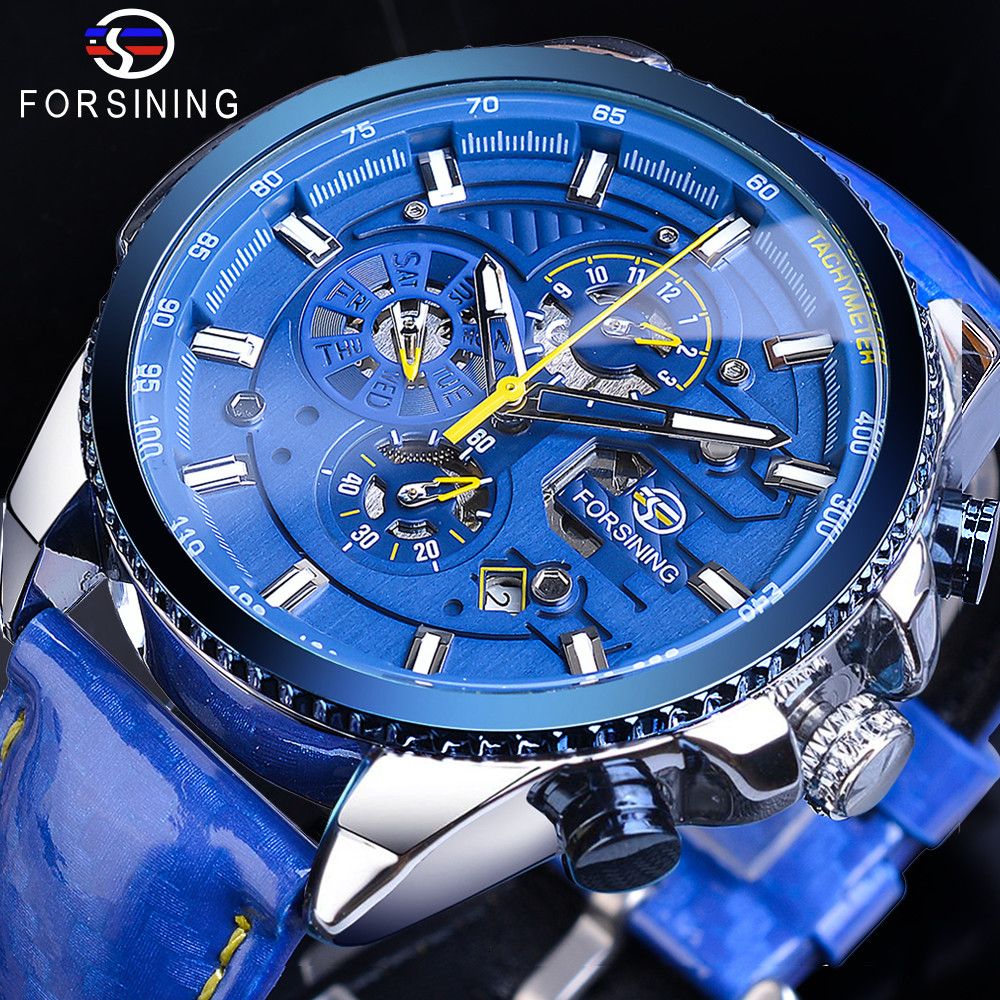 Forsining Cool Automatic Watch Mens Blue Luxury Steel 3 Sub Dial Analog Date Day Polish Leather