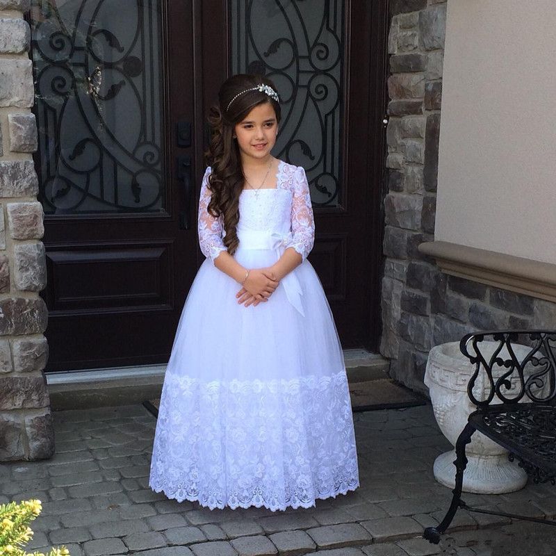 Las muchachas de flor vestidos para bodas Impresionante 34 Tul junior piso de las mangas apliques de encaje de longitud vestidos de primera comunión Las muchachas de flor vestidos para bodas Impresionante 34 Tul junior piso de las mangas apliques de encaje de longitud vestidos de primera comunión