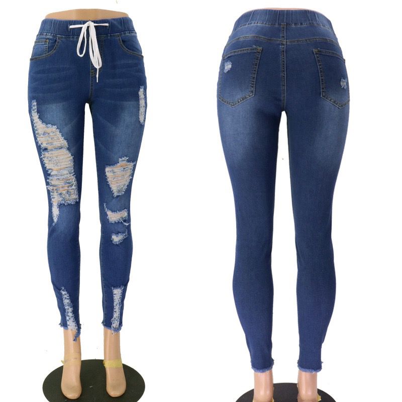 Las mujeres jeans rotos elástico la cintura Pantalones flaco estiramiento apenada agujero novio Jeans
