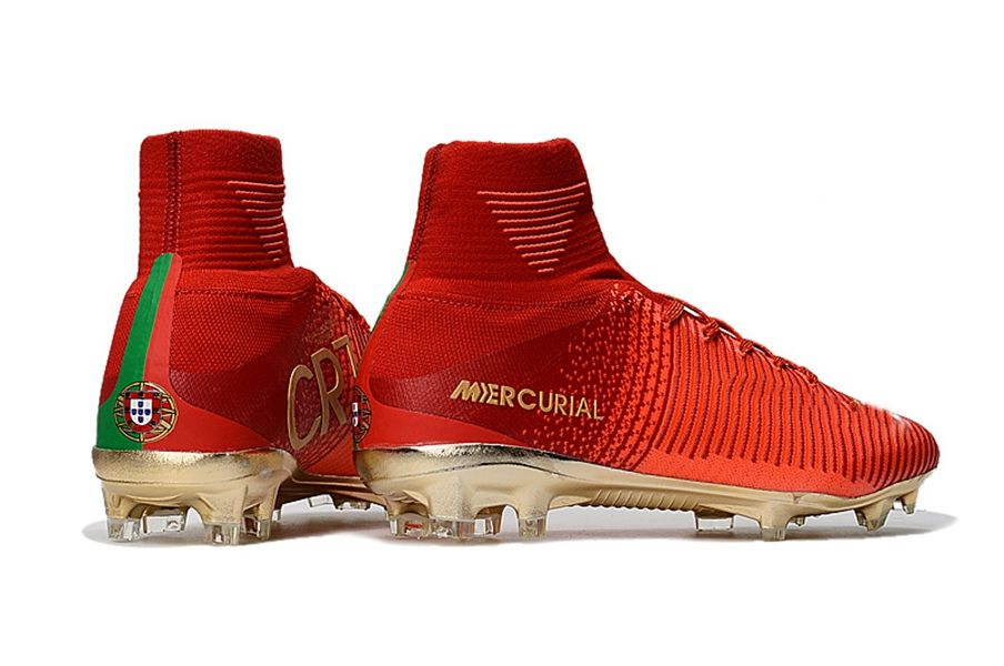 Red Gold Kids Soccer Mercurial Superfly CR7 Kids Soccer Shoes High Tobillo Cristiano