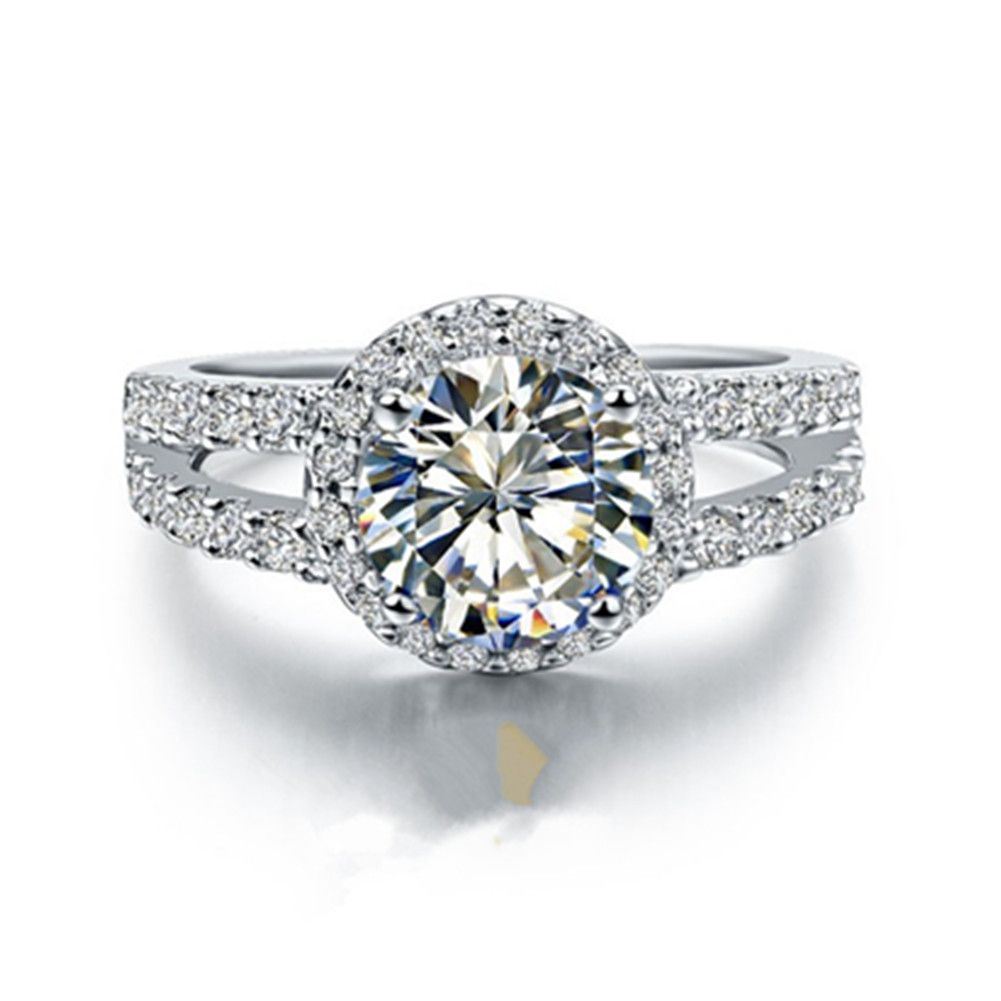 Echt 925 zilveren jubileum ring vrouwelijke 2 ct uitstekende ronde halo I-J kleur NSCD gesimuleerde diamanten verlovingsring voor vrouwen