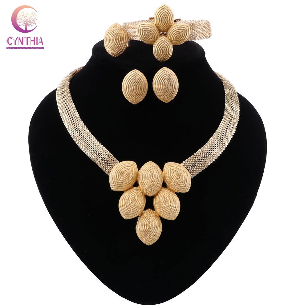 African Fashion Jewelry Sets Women Gold Color Necklace Bracelet Earrings Ring Wedding Charm