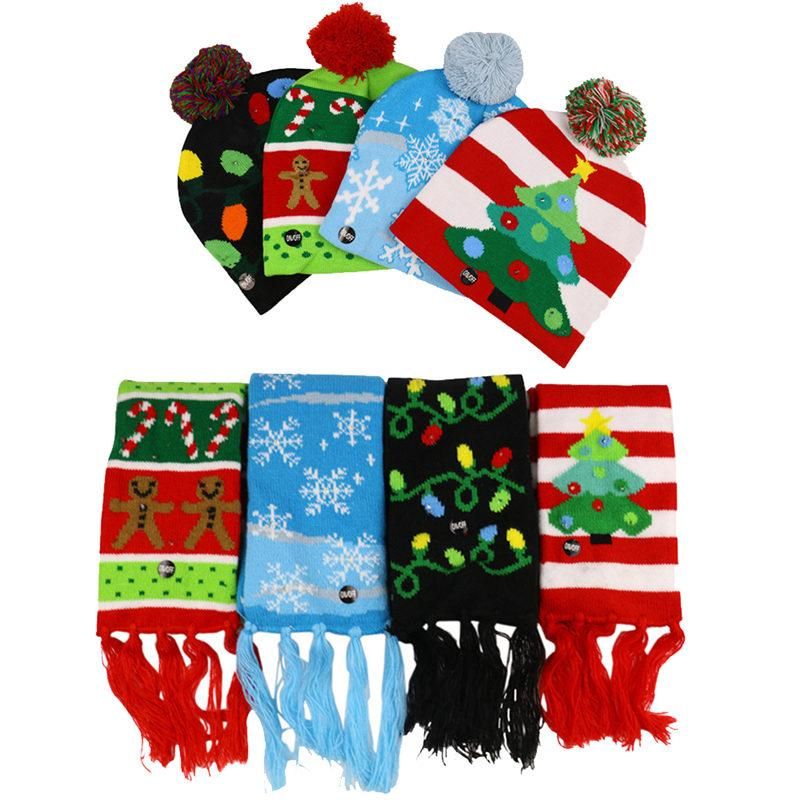 Christmas Hats With LED Light Soft Knitted Hat + Scarf Set Ugly Sweater